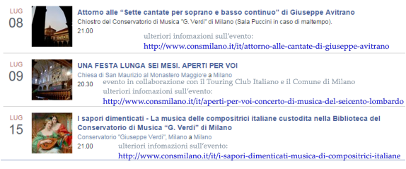 ulteriori infomazioni sullevento: http://www.consmilano.it/it/attorno-alle-cantate-di-giuseppe-avitrano evento in collaborazione con il Touring Club Italiano e il Comune di Milano ulteriori infomazioni sullevento: http://www.consmilano.it/it/aperti-per-voi-concerto-di-musica-del-seicento-lombardo ulteriori infomazioni sullevento: http://www.consmilano.it/it/i-sapori-dimenticati-musica-di-compositrici-italiane